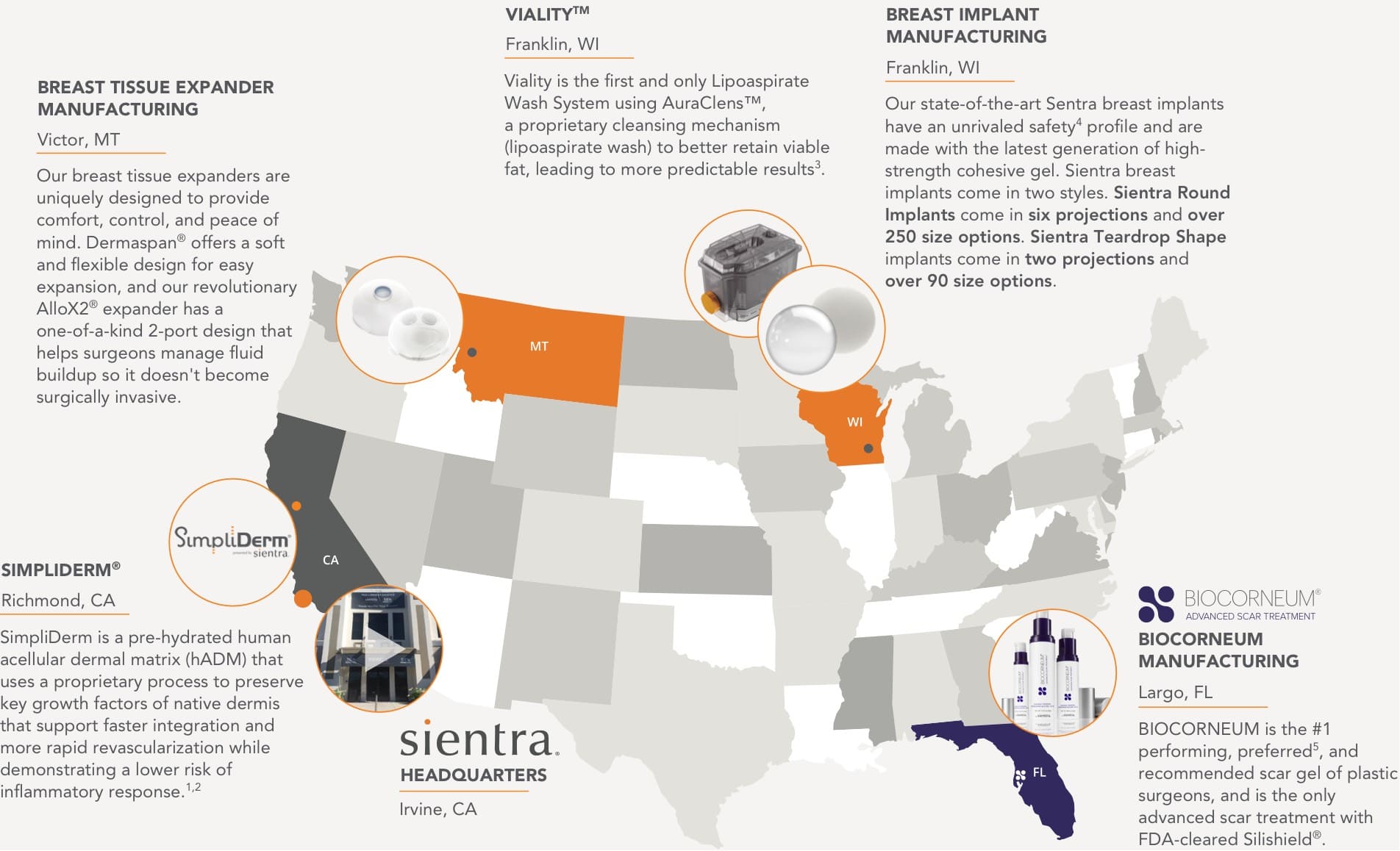 Breast Tissue Expander Manufacturing in Victor, Montana. Sientra Breast Implant Manufacturing in Franklin, Wisconsin. Sientra is headquartered in Santa Barbara, California, known for its idyllic weather and fresh ocean air. And just a mile from spectacular coastline views.