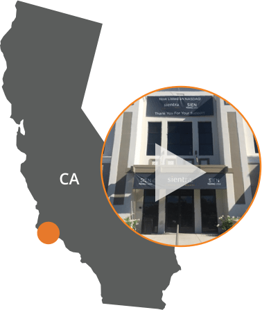 map of California with overlay image of sientra headquarter building
